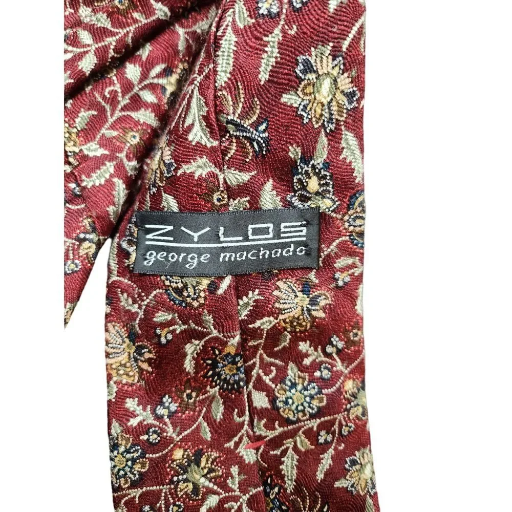 Zylos George machado Tie 100%‎ Italian SILK NECKTIE  Burgandy with Floral print.